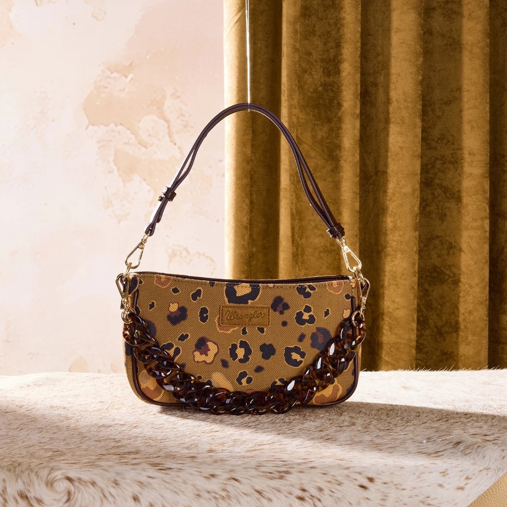 Wrangler Leopard Print Canvas Shoulder Bag with Chain Strap Coffee